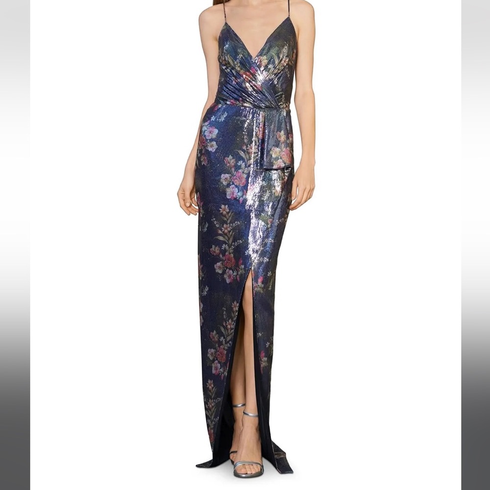 ML Monique Lhuillier Floral Sequin Surplice Gown